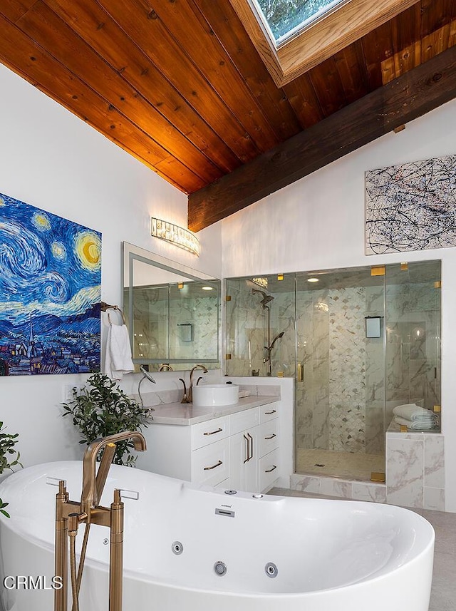 140 Belday Rd, Pasadena, CA 91105 - full bath featuring a jetted tub, vanity, a marble finish shower, a skylight, and wood ceiling with exposed beams