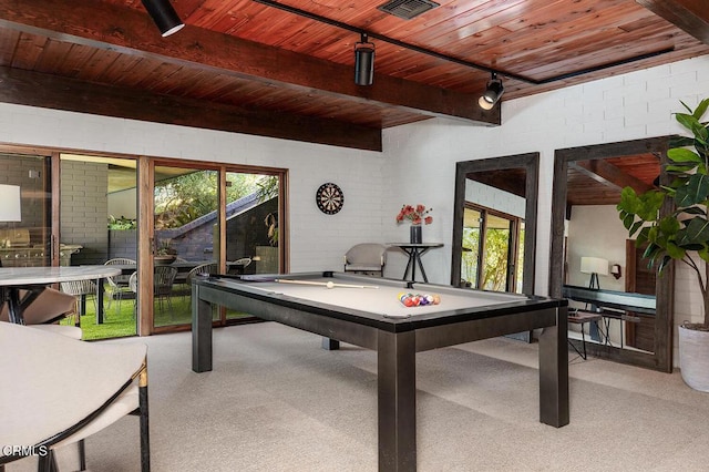 140 Belday Rd, Pasadena, CA 91105 - rec room featuring wood ceiling with exposed beams, light carpet, and billiards