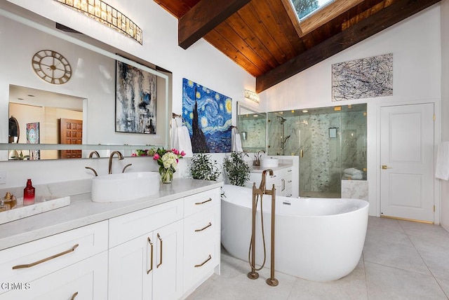 140 Belday Rd, Pasadena, CA 91105 - bathroom featuring a skylight, a marble finish shower, vanity, a freestanding bath, and wooden ceiling
