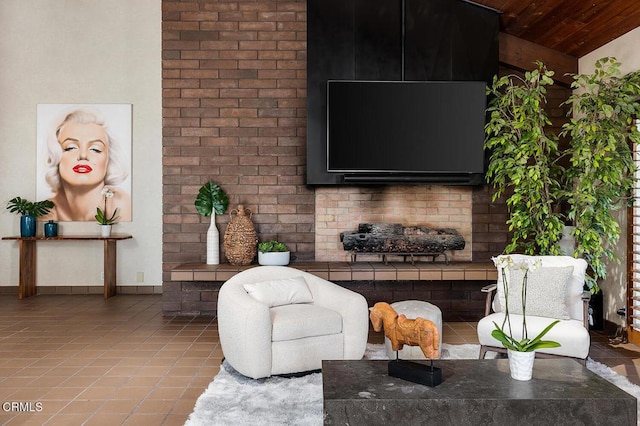 140 Belday Rd, Pasadena, CA 91105 - living area with light tile patterned floors, wood ceiling, lofted ceiling, and baseboards