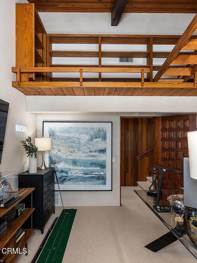 140 Belday Rd, Pasadena, CA 91105 - living room with stairway, carpet floors, beam ceiling, and wooden walls