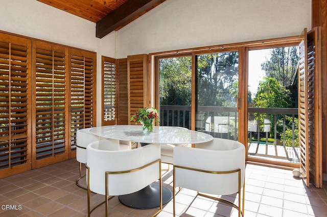 140 Belday Rd, Pasadena, CA 91105 - dining space with tile patterned floors, wooden ceiling, and healthy amount of natural light
