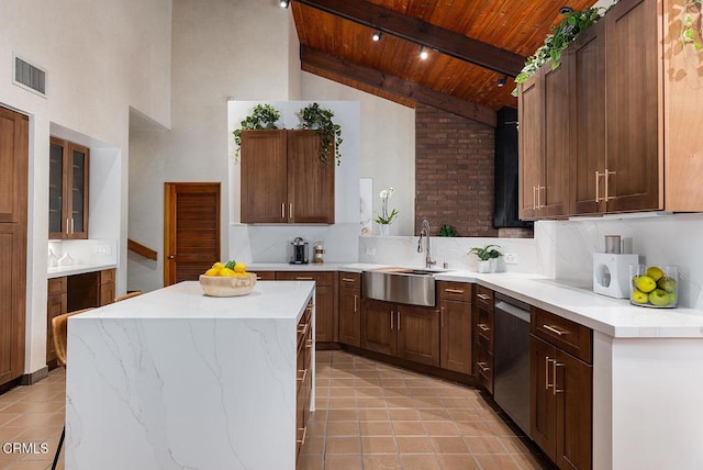 140 Belday Rd, Pasadena, CA 91105 - kitchen featuring a wooden ceiling with exposed beams, dishwasher, light tile patterned flooring, a center island, and high vaulted ceiling