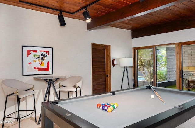 140 Belday Rd, Pasadena, CA 91105 - playroom featuring a wood ceiling with exposed beams and pool table