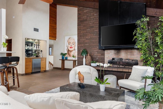 140 Belday Rd, Pasadena, CA 91105 - living area with a dry bar, high vaulted ceiling, tile patterned floors, and a ceiling fan