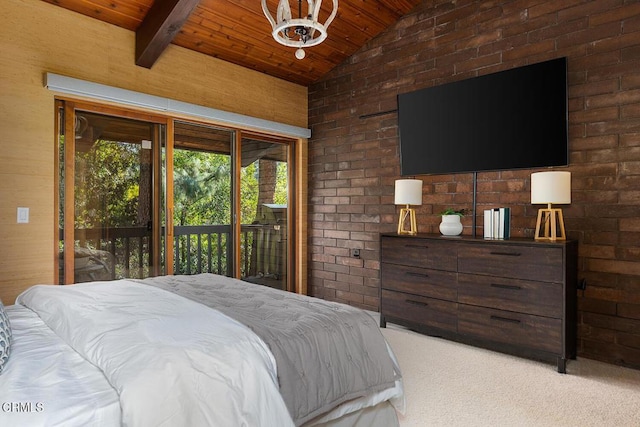 140 Belday Rd, Pasadena, CA 91105 - bedroom featuring wooden ceiling, access to exterior, multiple windows, carpet flooring, and brick wall