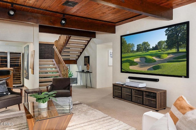 140 Belday Rd, Pasadena, CA 91105 - carpeted living room featuring a wood ceiling with exposed beams and stairway