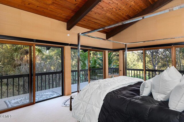 140 Belday Rd, Pasadena, CA 91105 - bedroom with access to exterior, wooden ceiling, and carpet flooring