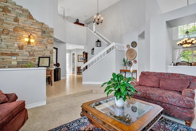 2279 Calle Liseta, San Dimas, CA 91773 - living area featuring a chandelier, a towering ceiling, stairway, and carpet floors