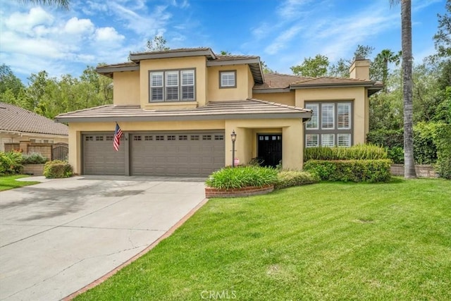 2279 Calle Liseta, San Dimas, CA 91773 - view of front of home with a garage, concrete driveway, stucco siding, a chimney, and a front yard