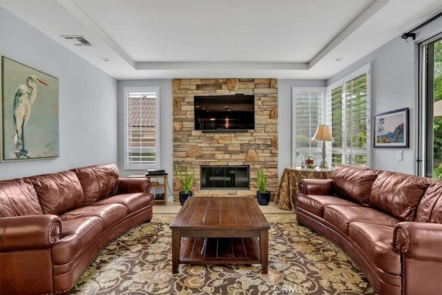 2279 Calle Liseta, San Dimas, CA 91773 - living room with a tray ceiling and a fireplace