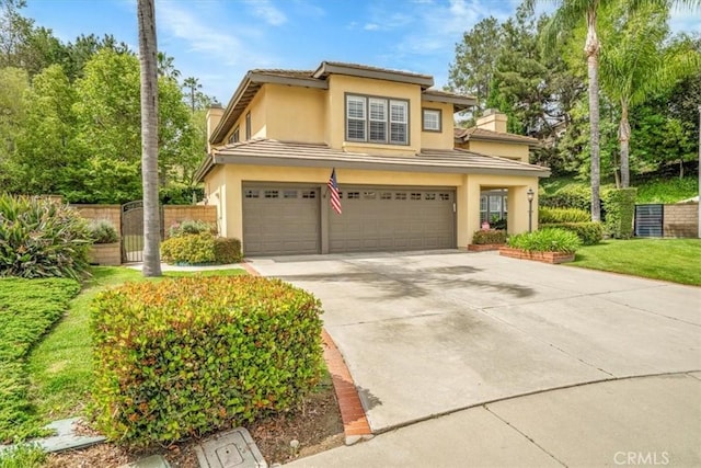 2279 Calle Liseta, San Dimas, CA 91773 - view of front facade featuring an attached garage, stucco siding, a chimney, concrete driveway, and a tile roof