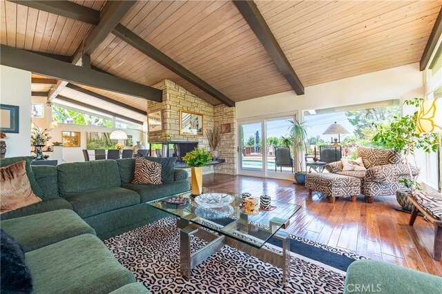 4314 Coronet Dr, Encino, CA 91316 - living area featuring hardwood / wood-style flooring, wooden ceiling, and a fireplace