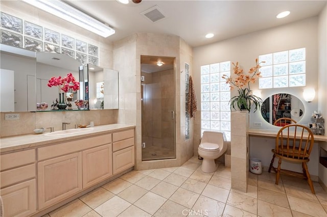 4314 Coronet Dr, Encino, CA 91316 - full bathroom featuring vanity, a shower stall, toilet, recessed lighting, and backsplash