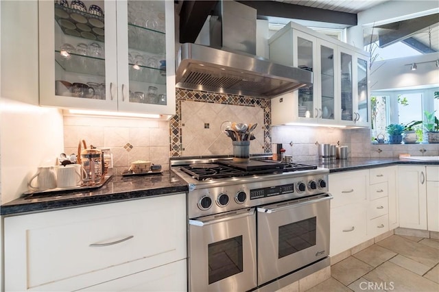 4314 Coronet Dr, Encino, CA 91316 - kitchen featuring double oven range, wall chimney exhaust hood, and backsplash