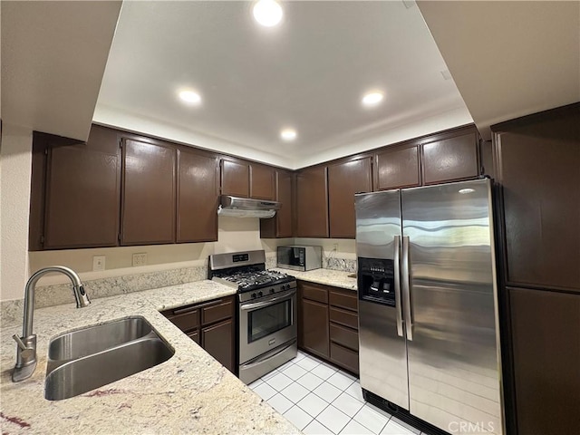 3381 Bandit Cir, Huntington Beach, CA 92649 - kitchen with appliances with stainless steel finishes, under cabinet range hood, dark brown cabinetry, recessed lighting, and light stone counters