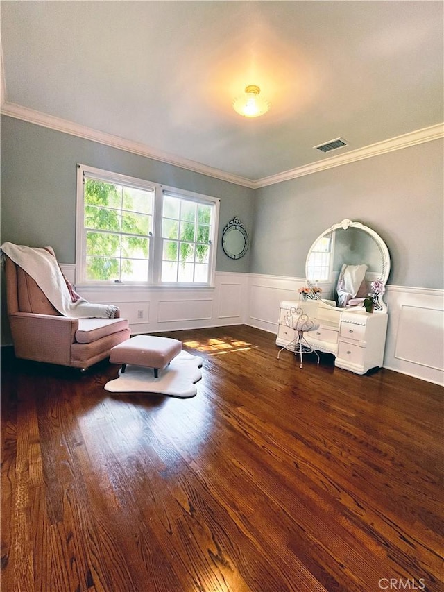 3275 N D St, San Bernardino, CA 92405 - living area featuring wood finished floors, a wainscoted wall, crown molding, and a decorative wall