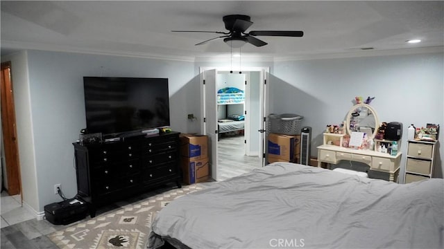 9322 Candlelight St, Apple Valley, CA 92308 - bedroom with crown molding, recessed lighting, wood finished floors, ceiling fan, and baseboards