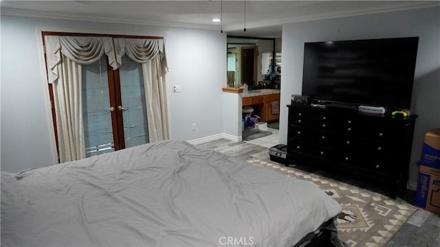 9322 Candlelight St, Apple Valley, CA 92308 - bedroom with crown molding, french doors, recessed lighting, ensuite bath, and baseboards