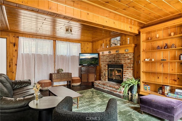 664 Yukon Rd, Green Valley Lake, CA 92341 - living room featuring wood ceiling, wood walls, hardwood / wood-style floors, and a brick fireplace