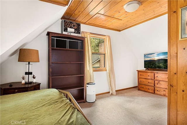664 Yukon Rd, Green Valley Lake, CA 92341 - bedroom featuring carpet flooring, wood ceiling, baseboards, and vaulted ceiling
