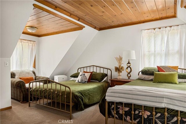 664 Yukon Rd, Green Valley Lake, CA 92341 - bedroom with wood ceiling, carpet, ornamental molding, and lofted ceiling