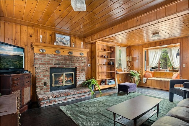 664 Yukon Rd, Green Valley Lake, CA 92341 - living area featuring wood ceiling, wood walls, a brick fireplace, and hardwood / wood-style flooring
