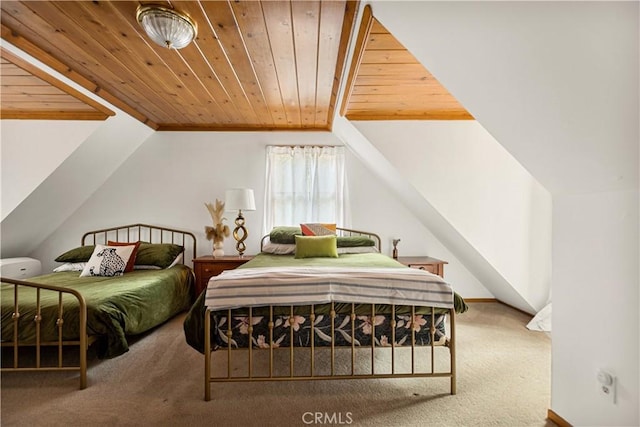 664 Yukon Rd, Green Valley Lake, CA 92341 - bedroom featuring carpet floors, wooden ceiling, vaulted ceiling, and baseboards