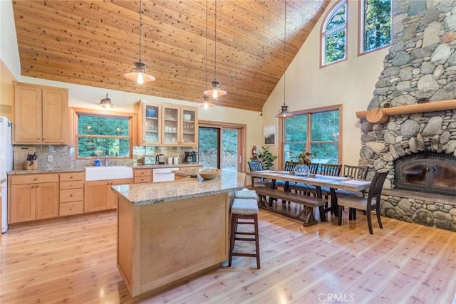 1900 Maple Dr, Weed, CA 96094 - kitchen featuring a sink, high vaulted ceiling, light brown cabinets, wooden ceiling, and dishwasher