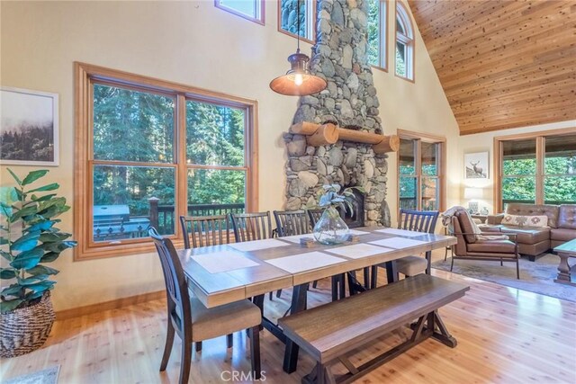 1900 Maple Dr, Weed, CA 96094 - dining space featuring high vaulted ceiling, wood ceiling, light wood-style flooring, baseboards, and a stone fireplace