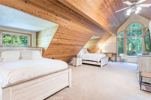 1900 Maple Dr, Weed, CA 96094 - bedroom featuring vaulted ceiling, multiple windows, wood ceiling, carpet floors, and a ceiling fan