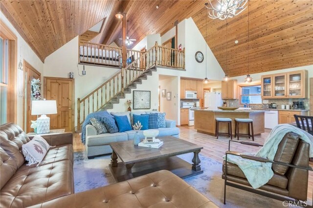 1900 Maple Dr, Weed, CA 96094 - living area with high vaulted ceiling, wood ceiling, stairway, and light wood-style flooring