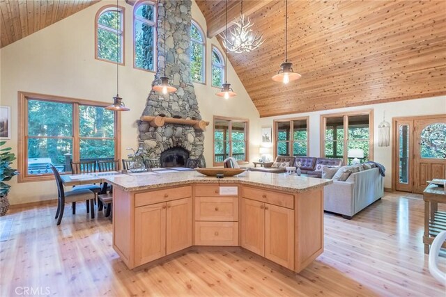 1900 Maple Dr, Weed, CA 96094 - kitchen with high vaulted ceiling, light brown cabinets, open floor plan, wooden ceiling, and a fireplace