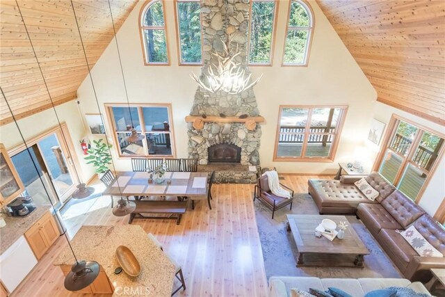 1900 Maple Dr, Weed, CA 96094 - living room featuring high vaulted ceiling, wood finished floors, wood ceiling, and a fireplace
