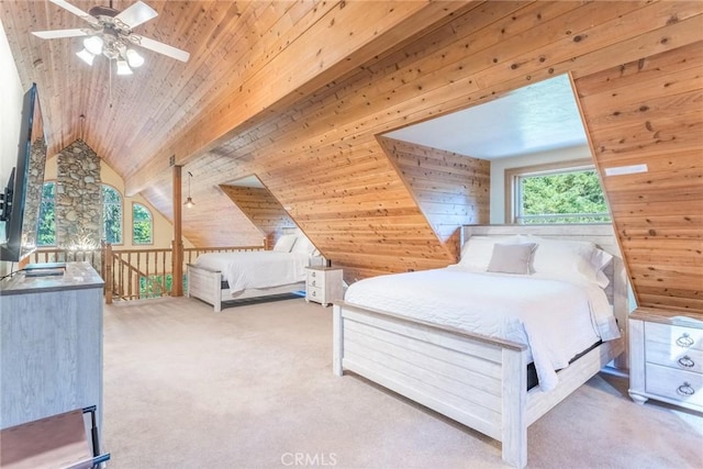 1900 Maple Dr, Weed, CA 96094 - carpeted bedroom featuring wooden walls, vaulted ceiling, and wood ceiling