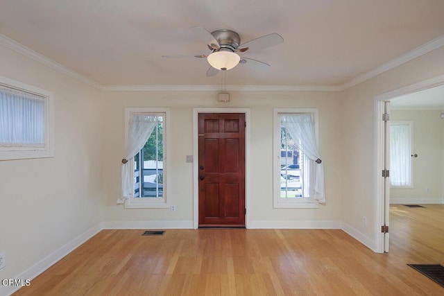 3115 Evelyn St, La Crescenta, CA 91214 - foyer featuring light wood-style flooring, a ceiling fan, baseboards, and crown molding