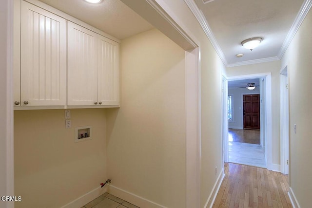 3115 Evelyn St, La Crescenta, CA 91214 - laundry area with cabinet space, baseboards, hookup for a washing machine, crown molding, and light wood-style flooring