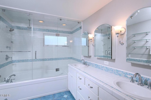 3115 Evelyn St, La Crescenta, CA 91214 - bathroom with a combined bath / shower with rainfall shower, double vanity, and tile patterned flooring