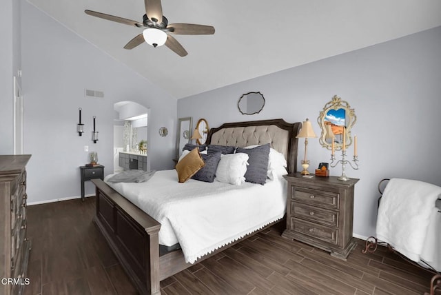 885 Oakland Hills Dr, Banning, CA 92220 - bedroom featuring wood finished floors, baseboards, ceiling fan, high vaulted ceiling, and arched walkways