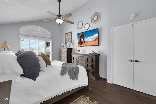 885 Oakland Hills Dr, Banning, CA 92220 - bedroom featuring wood finished floors, baseboards, high vaulted ceiling, and a ceiling fan