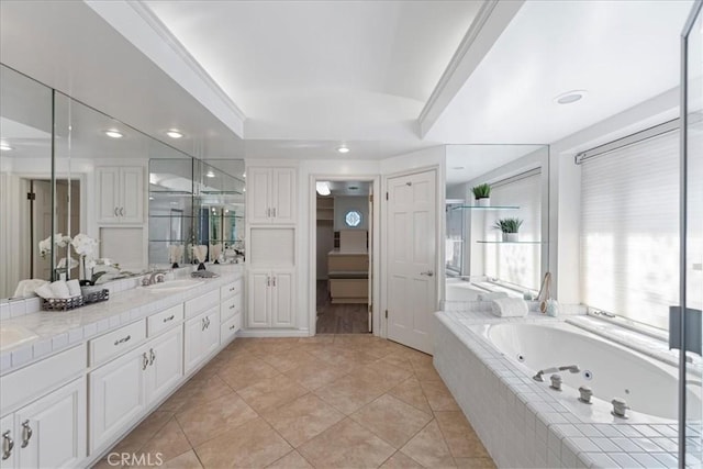 1130 Hidden Springs Ln, Glendora, CA 91741 - full bathroom featuring vanity, a jetted tub, tile patterned floors, a raised ceiling, and recessed lighting