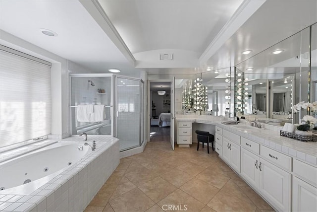 1130 Hidden Springs Ln, Glendora, CA 91741 - full bathroom featuring vaulted ceiling, vanity, a tub with jets, a shower stall, and tile patterned floors