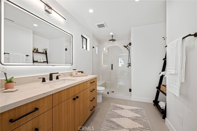 20215 Lorenzana Dr, Woodland Hills, CA 91364 - full bathroom featuring vanity, a shower stall, toilet, recessed lighting, and concrete flooring