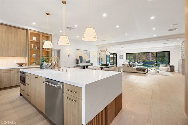 20215 Lorenzana Dr, Woodland Hills, CA 91364 - kitchen featuring modern cabinets, dishwasher, a sink, a large island, and recessed lighting