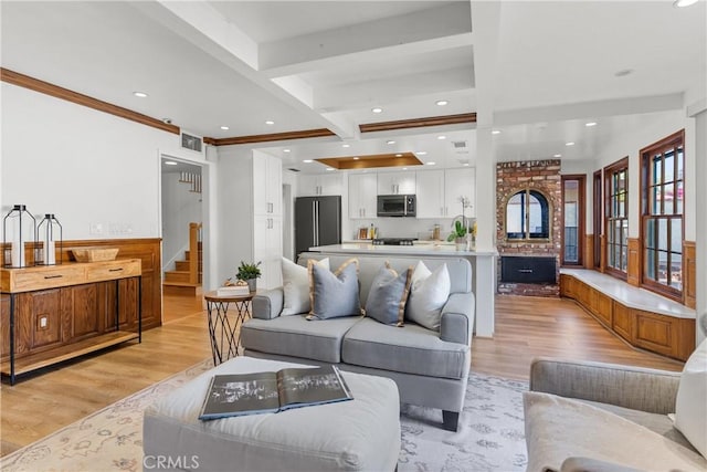 5144 Meadow Wood Ave, Lakewood, CA 90712 - living area with light wood-style flooring, stairway, recessed lighting, beam ceiling, and ornamental molding