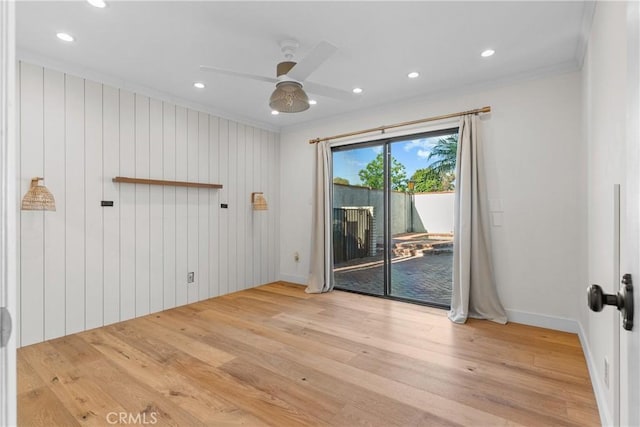 5144 Meadow Wood Ave, Lakewood, CA 90712 - empty room featuring crown molding, wood finished floors, ceiling fan, and recessed lighting