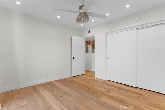 5144 Meadow Wood Ave, Lakewood, CA 90712 - unfurnished bedroom featuring ornamental molding, recessed lighting, a closet, wood finished floors, and a ceiling fan