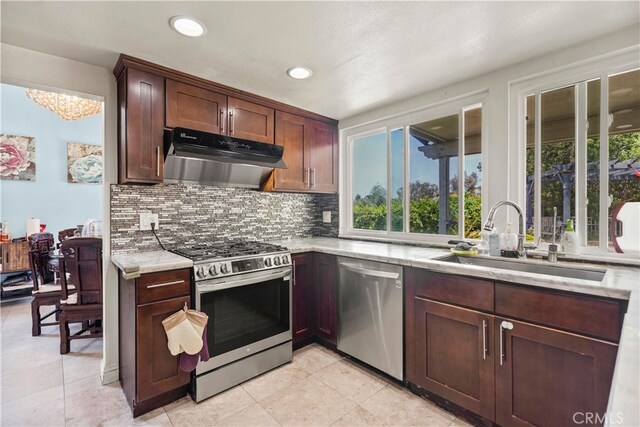 2350 Robert Rd, Rowland Heights, CA 91748 - kitchen featuring appliances with stainless steel finishes, under cabinet range hood, a sink, decorative backsplash, and a chandelier