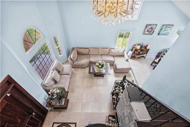 2350 Robert Rd, Rowland Heights, CA 91748 - living area with a towering ceiling, a chandelier, and tile patterned floors
