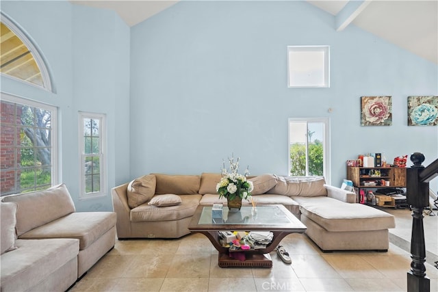 2350 Robert Rd, Rowland Heights, CA 91748 - living area with high vaulted ceiling, plenty of natural light, beamed ceiling, and light tile patterned floors